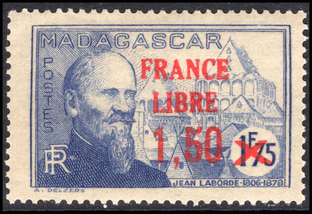 Madagascar 1943 France Libre 1.50 on 1f75 bright blue Labord lightly mounted mint.