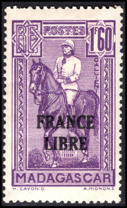 Madagascar 1943 France Libre 1f60 violet unmounted mint.