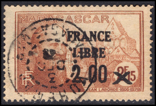 Madagascar 1943 France Libre 2.00 on 2f15 brown Labord fine used.