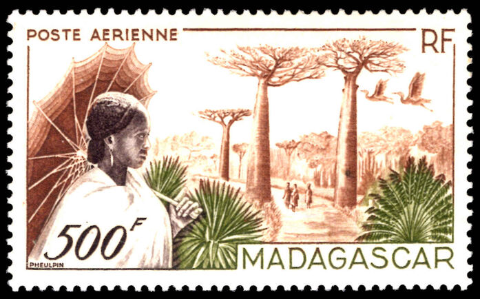 Madagascar 1952 500f Woman and Forest Road lightly mounted mint.