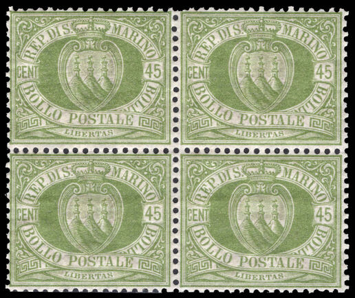 San Marino 1892-94 45c yellow-green block of 4 unmounted mint.