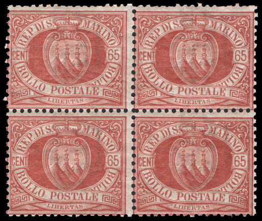 San Marino 1892-94 65c chestnut block of 4 unmounted mint.