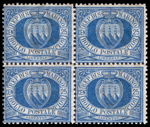 San Marino 1894-97 25c blue block of 4 unmounted mint.