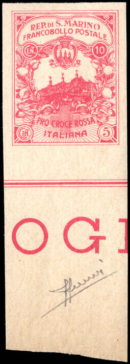 San Marino 1916 unissued Red Cross 10c+5c imperf marginal with Sorani certificate unmounted mint.