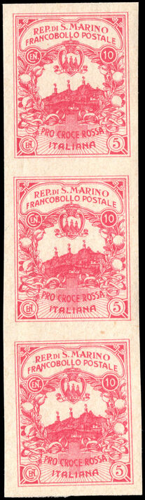 San Marino 1916 unissued Red Cross 10c+5c imperf strip of 3 unmounted mint.