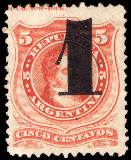 Argentina 1877 1 on 5c vermillion fine unmounted mint.