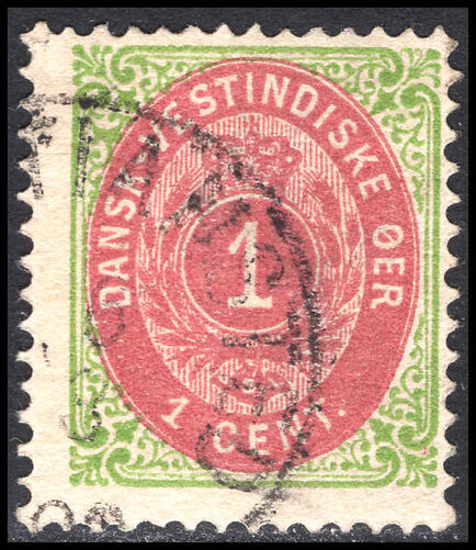 Danish West Indies 1873-1902 1c reddish-purple and light green perf 14 inverted frame fine used.