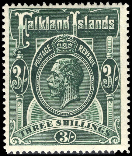 Falkland Islands 1912-20 3sh slate-green superb unmounted mint.