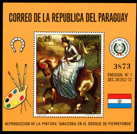 Paraguay 1973 Rider in the forest of Pierrefonds; by Alfred de Dreux souvenir sheet unmounted mint.