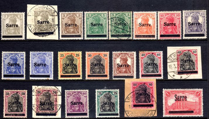 Saar 1920 set mixed mint and used 80pf very fine used on piece 1mk 25 Holes.
