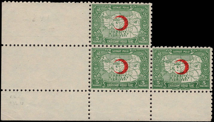 Turkey 1938-43 5k Red Cross perf 10 DEVLET block of 3 unmounted mint.