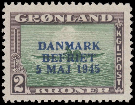 Greenland 1945 Liberation 2Kr Blue Overprint fine mint very lightly hinged.