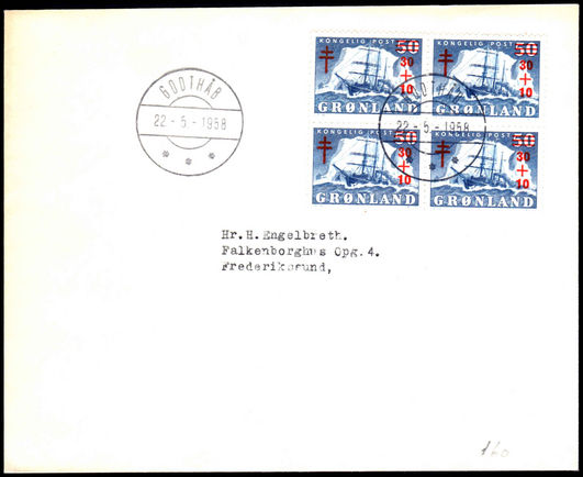 Greenland 1958 TB Relief block of 4 on first day cover