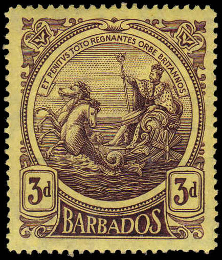 Barbados 1916-19 3d deep purple on yellow thick paper fine mint lightly hinged.