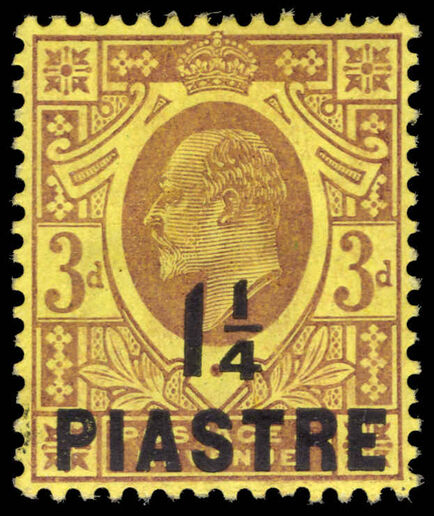 British Levant 1910 1¼p on 3d dull purple on orange-yellow lightly mounted mint.