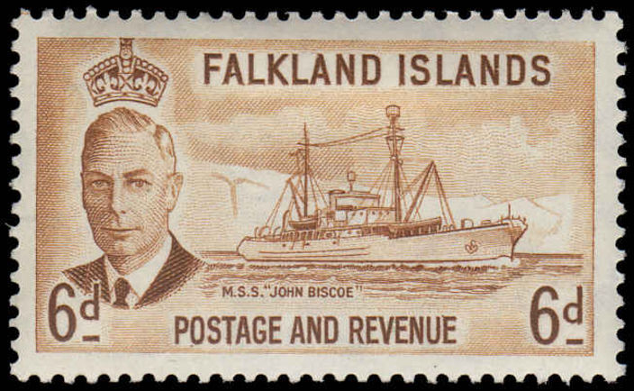 Falkland Islands 1952 6d bistre-brown mint hinged.