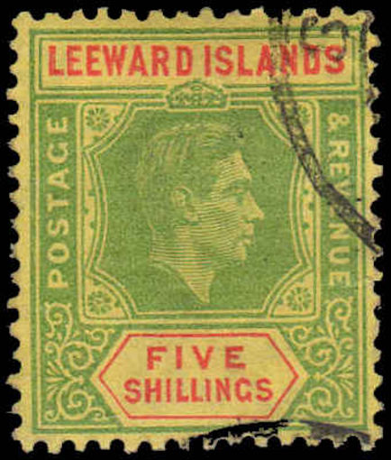 Leeward Islands 1938-51 5/- bright-green and red on yellow fine used.
