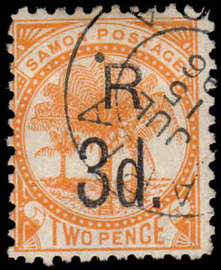 Samoa 1895-1900 3d on 2d orange-yellow fine used scarce shade.