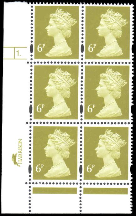 Y1671 6p Yellow-Olive Harrison Two Blue Bands Cylinder 1 Dot Phos 45 unmounted mint.