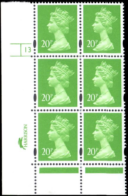 Y1680 20p Bright Green Harrison Centre 4mm Band Cyl 13 No Dot Phos No 41 PVAD unmounted mint.
