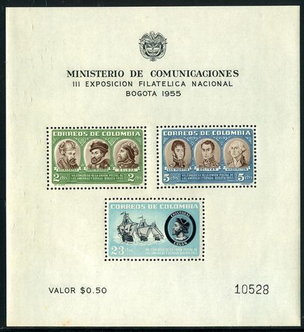 Colombia 1955 Postal Union regular souvenir sheet unmounted mint.