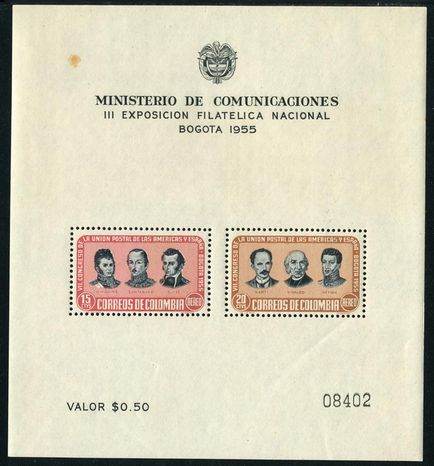 Colombia 1955 Postal Union air souvenir sheet unmounted mint.