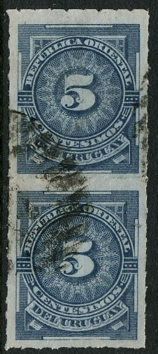 Uruguay 1886 5c Blue On Bluish Exceptional fine used Pair.