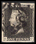 1840 1d black plate 8 fine used four margins close by C square neatly cancelled with black Maltese Cross. 