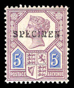 1887-92 5d Die I dull purple and blue fine unmounted mint type 9 SPECIMEN overprint.
