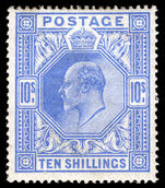 1911-13 10/- blue fine unused skilfully regummed.