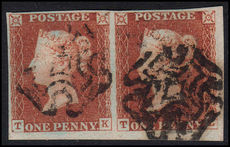 1842 1d red-brown pl 23 pair characteristic triple break in top line of the upper right corner star.