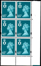 Northern Ireland 1993-2000 65p greenish blue photo Harrison elliptical perf. Block of 6 unmounted mint. 