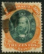 Brazil 1878 300r dark green and orange fine used.