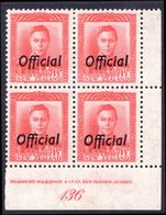 New Zealand 1938-51 1½d scarlet official corner marginal plate block of 4 unmounted mint (top 2 lightly hinged).