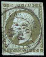France 1853-61 1c deep bronze-green on bluish paper close or touching in places and small cut at topright.