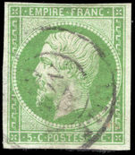 France 1853-61 5c dark green on greenish paper 4 margins fine used.