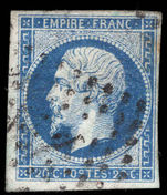 France 1853-61 20c dark royal blue on bluish die I 4 margins fine used.