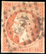 France 1853-61 40c orange on cream 4 margins fine used.