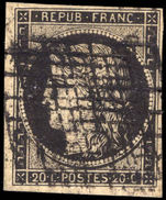 France 1849-52 20c black on yellowish paper (surface only) 4 margins fine used.