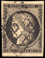 France 1849-52 20c black white paper 4 margins fine used.