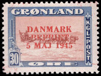 Greenland 1945 Liberation 30ø  red-brown and blue with RARE RED OVERPRINT unmounted mint.
