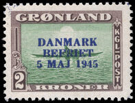 Greenland 1945 Liberation 2kr green and sepia with RARE BLUE OVERPRINT unmounted mint.
