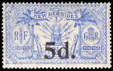 New Hebrides 1924 5d on 2 d blue lightly mounted mint.
