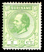 Suriname 1873-88 3c green perf 14 small holes lightly mounted mint.