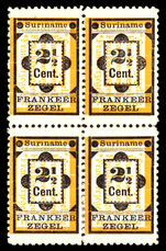 Suriname 1892 ½c Frankeerzegal Gothic F block of 4 lightly mounted mint.