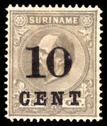 Suriname 1898 10c on 15c drab lightly mounted mint.