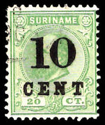 Suriname 1898 10c on 20c green fine used.