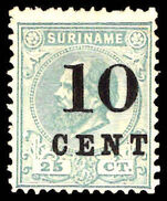 Suriname 1898 10c on 25c greenish-blue perf 11½x12 lightly mounted mint.