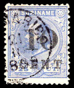 Suriname 1898 10c on 25c ultramarine perf 12½x12, signed fine used.