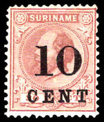 Suriname 1898 10c on 30c cinnamon perf 12½x12 lightly mounted mint.